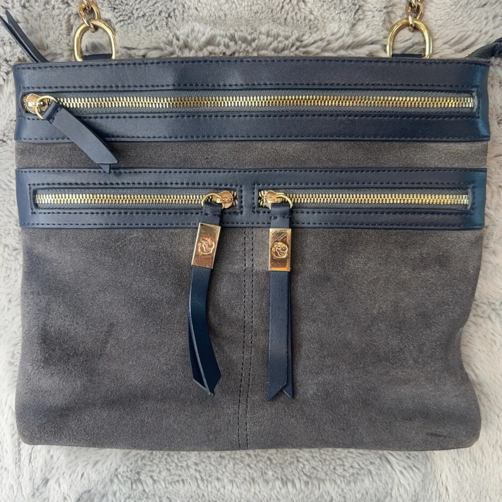 Spartina 449 ‎ Navy Gray Leather Suede Crossbody Bag Gold Hardware